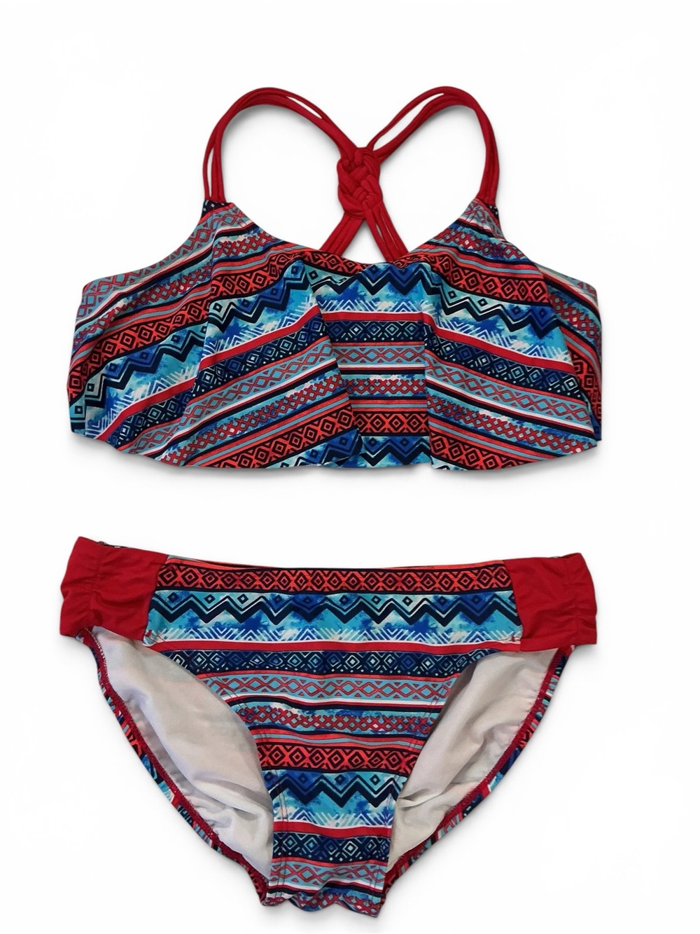Justice Store Red, Blue & Aqua Patterned Girls Two-Piece Swim Bikini Size 18